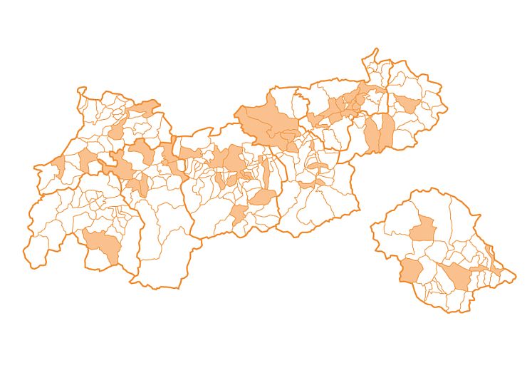 Karte, die alle e-5 Gemeinden in Tirol darstellt