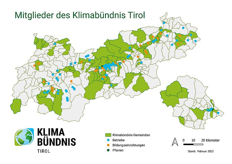 Karte, die alle Klimabündnis Gemeinden, Betriebe, Bildungseinrichtungen und Pfarren in Tirol darstellt.