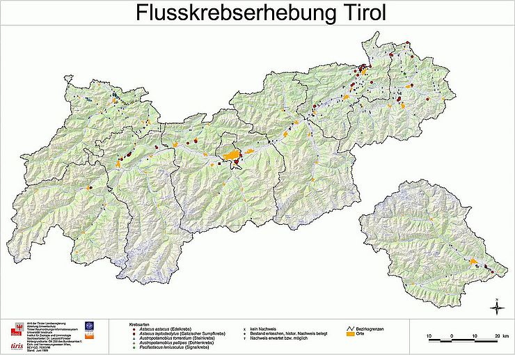Karte Flusskrebserhebung Tirol
