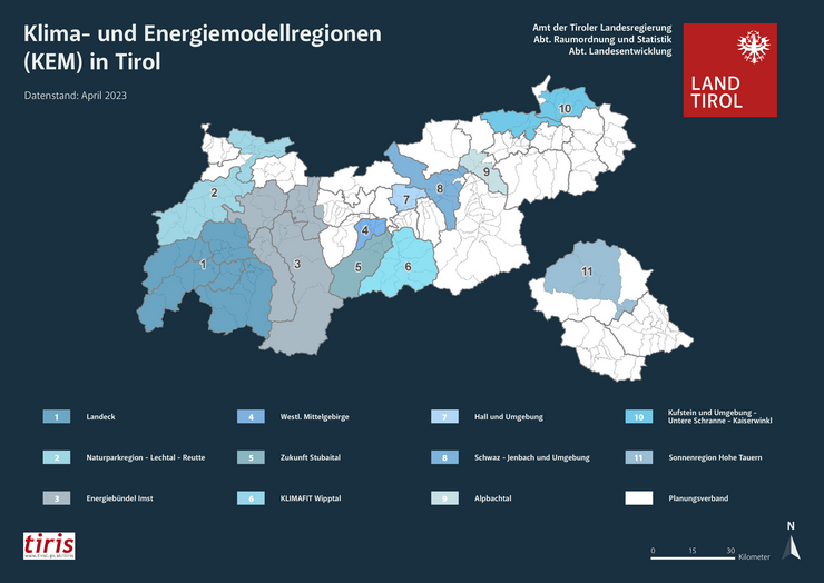 Übersichtskarte Klima-und Energiemodellregionen in Tirol