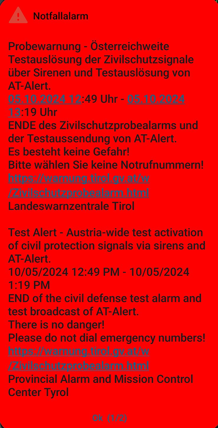 Screeneshot Testwarnung AT-Alert