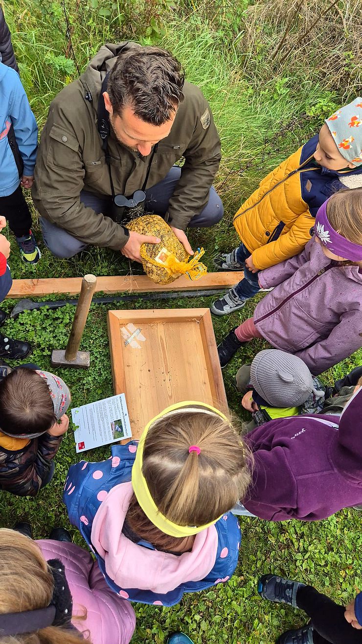 Mann und Kinder befüllen Tisch mit Eicheln