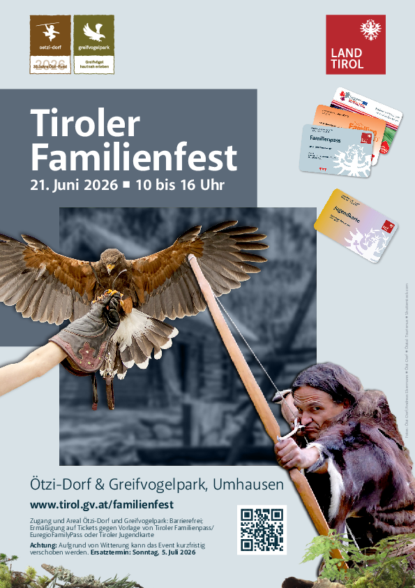 © Land Tirol Urgeschichtlicher Bewohner mit Tierfell bekleidet und mit Pfeil und Bogen sowie ein Greifvogel auf einem Falknerhandschuh