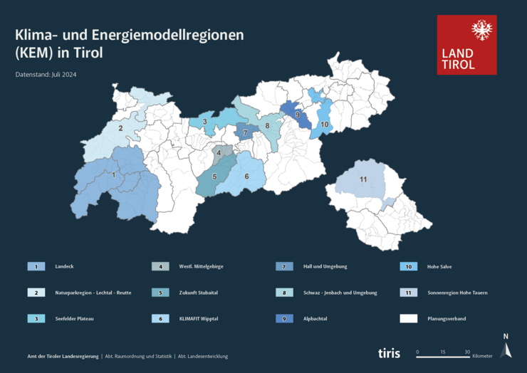 Übersichtskarte Klima-und Energiemodellregionen in Tirol