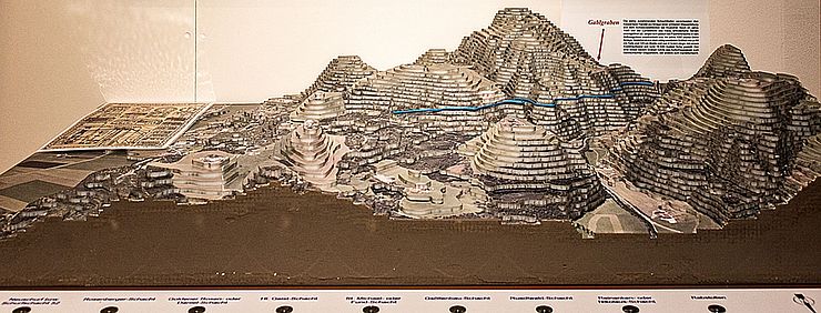 Relief vom Bergbaugebiet Rerobichl mit Druckknöpfen im "Rerobichl Bergbau-Museum" in Oberndorf in Tirol.