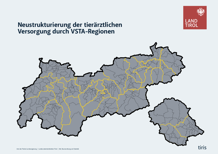 Grafik mit Landeskarte Tirols und der neuen Untergliederung.