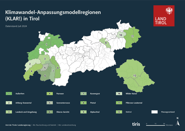 Karte der Klimawandel-Anpassungsmodellregionen (KLAR!) in Tirol