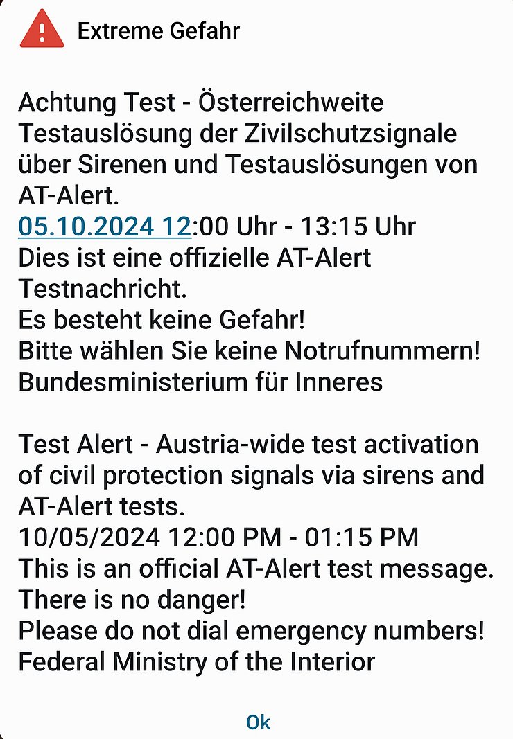 Screenshot der Testwarnung AT-Alert