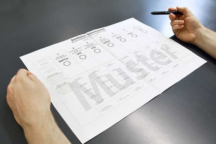 Stimmzettel auf Tisch; Hände mit Stift
