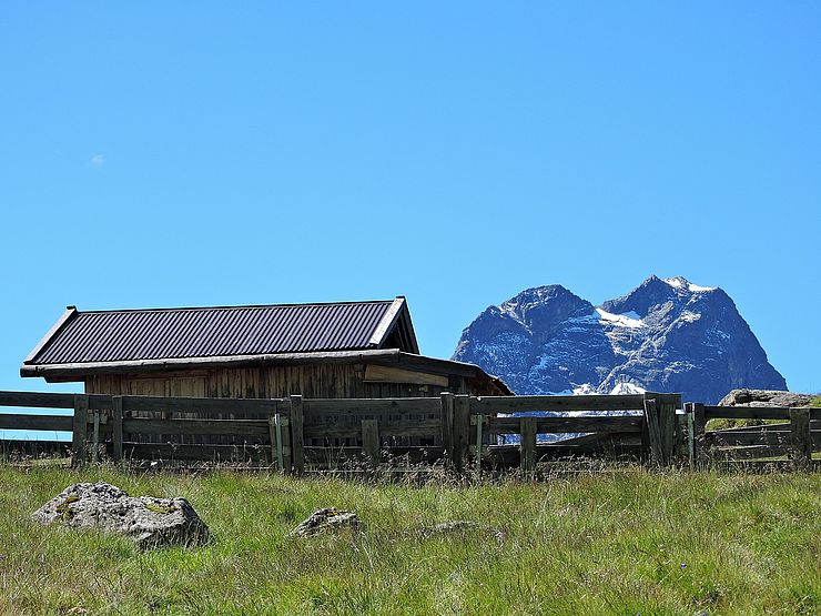 Schaferhütte am Schwarzenberg im Hintergrund die Rofelewand