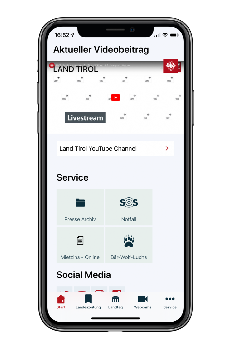 Auf der Startseite der App befindet sich im Servicebereich ein eigener Reiter "Bär-Wolf-Luchs" über welchen man direkt zur Anwendung gelangt (iOS Ansicht).