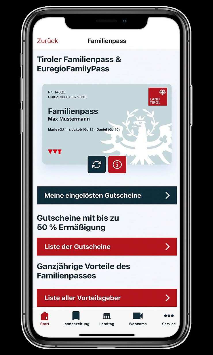 InhaberInnen des Tiroler Familienpasses können diesen in der Land Tirol App mitführen und bei den Vorteilsgebern vor Ort vorweisen.