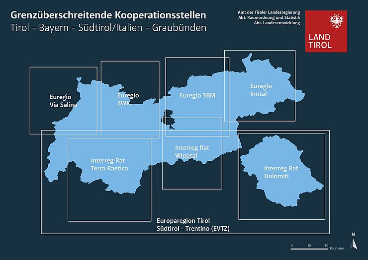 Auf dem Bild ist eine Abbildung von Tirol zu sehen. Darauf sind die Euregios und die INTERREG-Räte abgebildet.