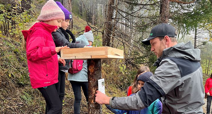 Kinder und Mann im Wald stellen Tisch auf