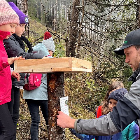 Kinder und Mann im Wald stellen Tisch auf