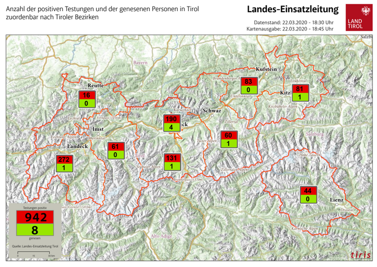 Die Lagekarte des Landes Tirol mit Stand Sonntag, 22. März 2020, 18.30 Uhr.