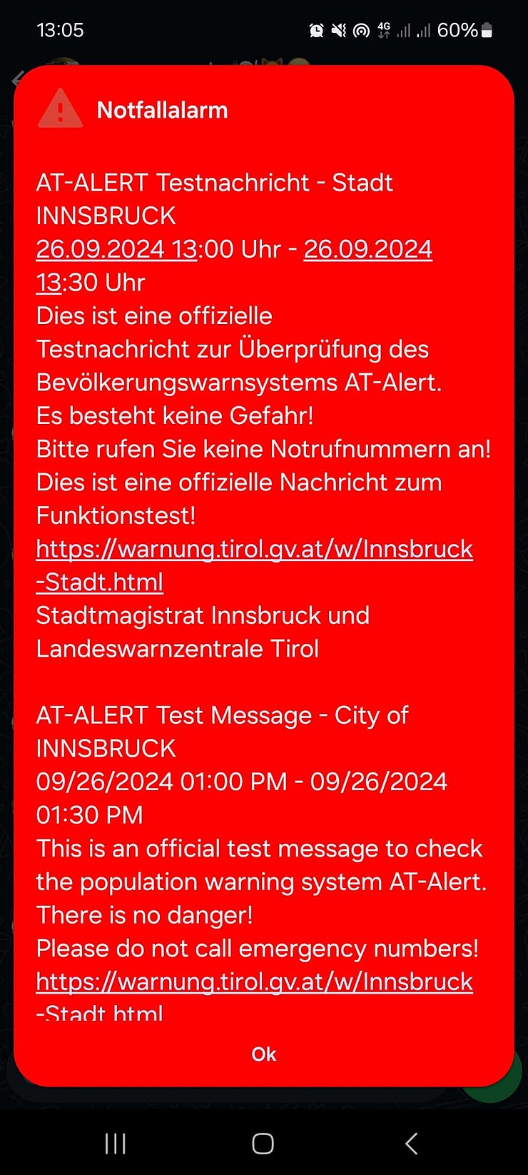 Screenshot Testauslösung